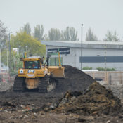 A bulldozer moves earth